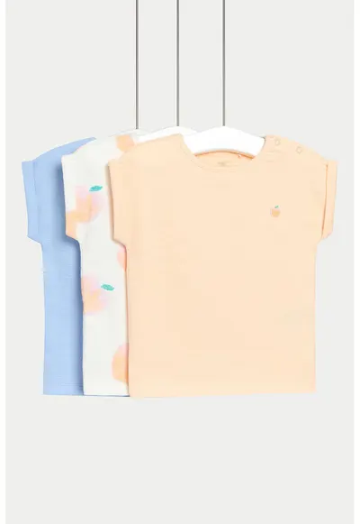 Set de tricou din bumbac - 3 piese - Albastru pastel/Piersica/Alb murdar