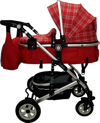 Carucior pentru copii Baby Care Pro 531 Rosu Carouri 3 in 1 Transformabil, Cadru Aluminiu, Amortizoare, Roti din cauciuc, Spatar reglabil 3 trepte, Plasa insecte, Geanta