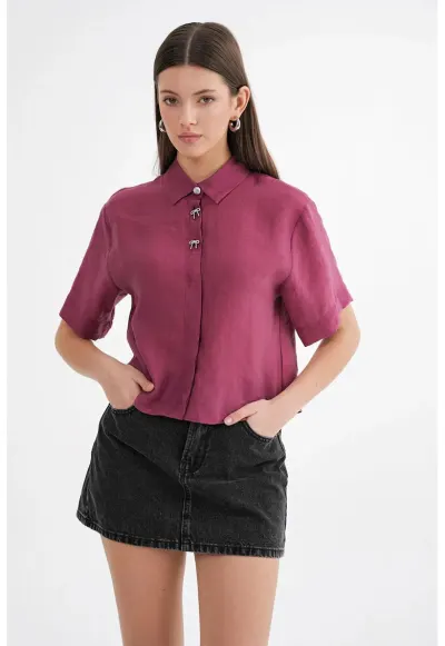 Camasa crop - cu accesorii din pietre - roz - textil - Bleumarin