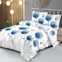 Lenjerie pat dublu, 4 piese, microfibra, Pucioasa, alb, albastru, flori