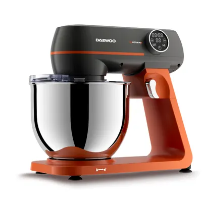 Mixer cu bol Daewoo, 1000 W, 10 trepte de viteza, bol inox 7 litri, angrenaj metalic, display LED, accesorii incluse, Portocaliu