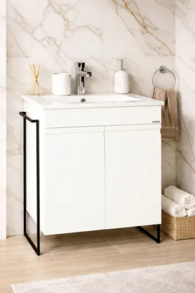 Set Baza front MDF si Lavoar seria 086, cadru metalic, montata, 60 cm, alb