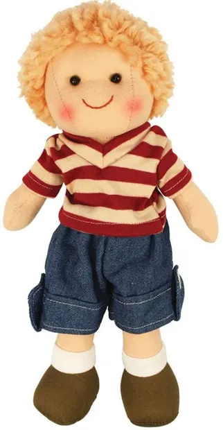 Papusa moale Bigjigs - Hari, cu tricou si pantaloni scurti, 28 cm