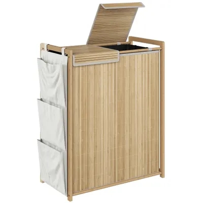 HOMCOM Coș de rufe din bambus cu capac 120 L cu 2 pungi cu șnur detașabile și lavabile buzunare laterale natural | Aosom Romania
