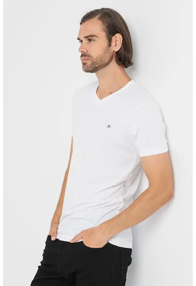 Tricou slim fit cu decolteu in V Shield - Alb optic