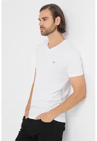 Tricou slim fit cu decolteu in V Shield - Alb optic