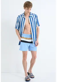 Pantaloni scurti de baie cu snur in talie si model in dungi Louis - Albastru pastel/Negru