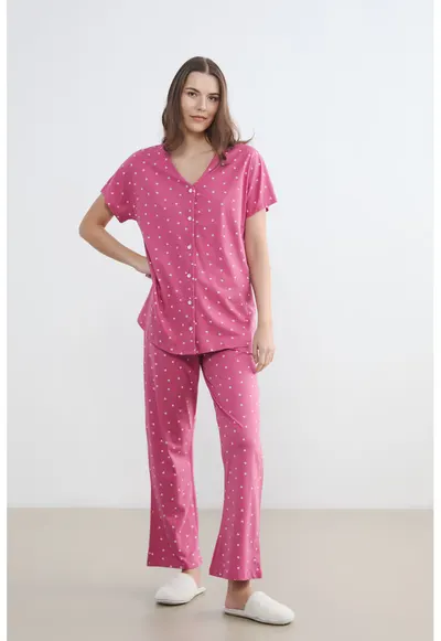 Pijama din bumbac cu model inimi - Roz inchis
