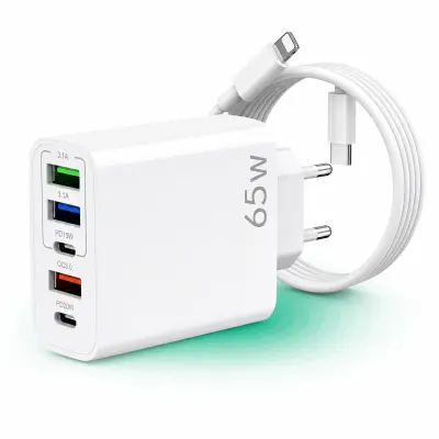 Incarcator Retea, Lightning la USB-C, 65W, 5 Porturi, 3 x USB, 2 x Type-C, Alb - Default Title