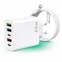 Incarcator Retea, Lightning la USB-C, 65W, 5 Porturi, 3 x USB, 2 x Type-C, Alb - Default Title