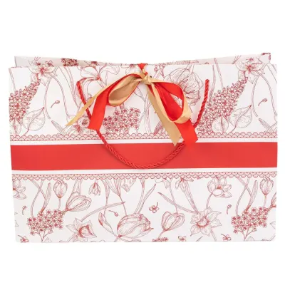 Pungă model floral cu 2 panglici colorate și mâner din sfoară - roșu (set 10 buc) 36x12x24cm - Default Title