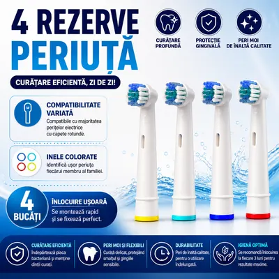 Set 4 rezerve periuta de dinti electrica compatibile Oral-B, peri moi, clasic, inele colorate, alb