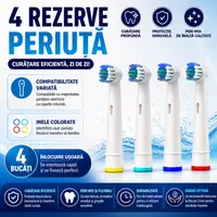 Set 4 rezerve periuta de dinti electrica compatibile Oral-B, peri moi, clasic, inele colorate, alb