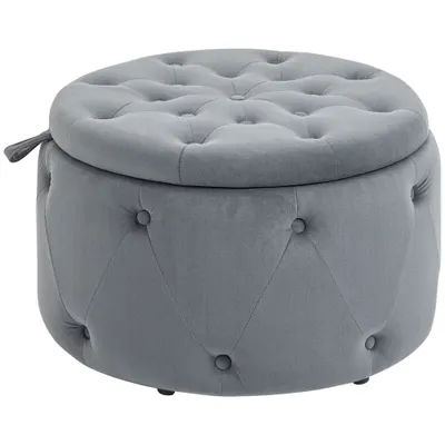 HOMCOM Puf, rotund, cu spațiu de depozitare, model matlasat cu butoane, catifea, gri, 60 x 60 x 40 cm | Aosom Romania