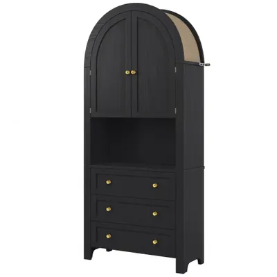 Dulap de depozitare înalt cu arc, cu 3 sertare, uși și compartiment deschis pentru expunere, pentru bucătărie și living, 70x35x180 cm, Negru