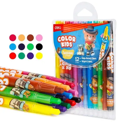 Creioane colorate din plastic Deli Color Kids - EC223-12, cu mecanism rotativ, 12 culori