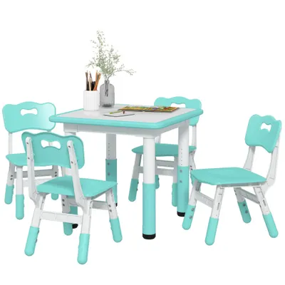 AIYAPLAY Set Măsuță și Scaune pentru Copii 18-60 Luni cu Înălțime Reglabilă și Tablă de Scris, 60x60x46-58 cm, Verde | Aosom Romania