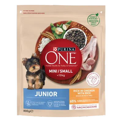 PURINA ONE MINI Dog Junior, Pui si Orez, hrana uscata pentru caini, 800 g