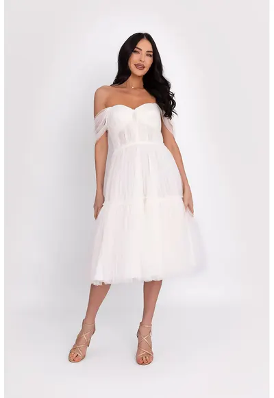 Rochie din tul cu decolteu pe umeri - Alb optic