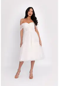 Rochie din tul cu decolteu pe umeri - Alb optic
