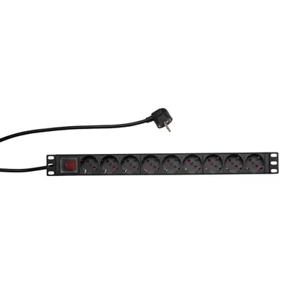 PDU 9x Schuko, 19, 1U, cablu 2m,comutator on/off negru,ALU