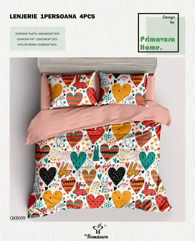 Lenjerie De Pat 100% Bumbac 1 Persoana - Inimioare Si Iepurasi - Engros