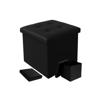 Taburet pliabil cu spatiu de depozitare, maxim 100 kg, 38 x 38 x 38 cm, piele ecologica, negru
