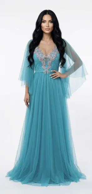 Rochie eleganta lunga din tulle fin cu broderie