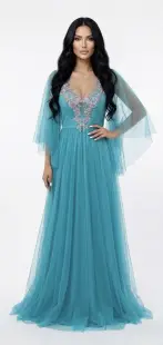 Rochie eleganta lunga din tulle fin cu broderie