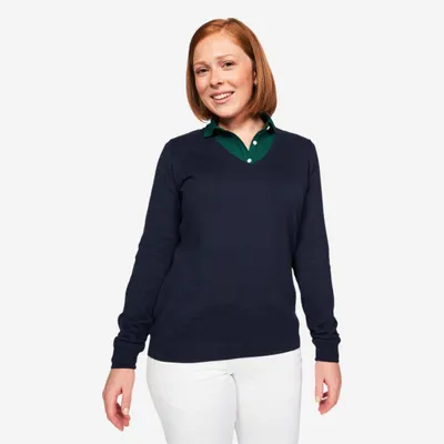 Pulover golf 100% bumbac guler V MW100 Bleumarin Damă