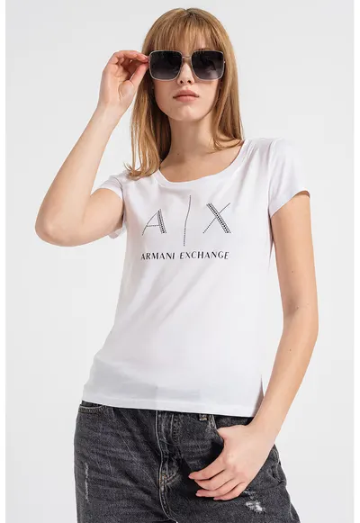 Tricou din bumbac cu aplicatii logo cu strasuri - Alb/Negru/Argintiu