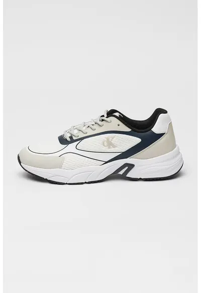 Pantofi sport low-cut cu garnituri de piele ecologica - Alb/Albastru ultramarin/Grej