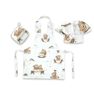 Set Micutul bucatar, MimiNu, Cu sort, o boneta si accesoriu pentru vase calde, Din bumbac certificat Oeko Tex Standard 100, Tedy bear dreams beige