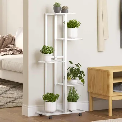 vidaXL Suport de flori cu 5 etaje, cu roți, alb, 44x23x100 cm, fier