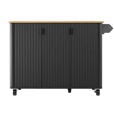 Insulă mobilă de bucătărie cu blat rabatabil, 3 uși, suport pentru prosoape și raft pentru condimente, 130x45/75x92 cm, Negru