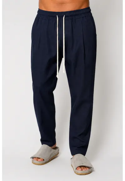 Pantaloni lung din IN cu snur usor conic Navy 21098 - Bleumarin