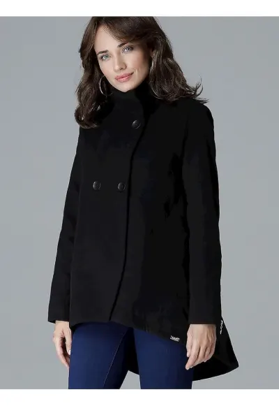 Palton dama - neagra - cu guler ridicat - maneci cu fermoar - 80% viscoza