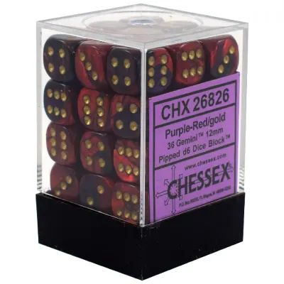 Set 36 Zaruri Chessex Gemini 12mm d6 Dice Blocks with pips - Mov-Rosu/Auriu
