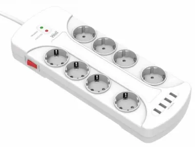 Prelungitor cu 8 prize + 4 x USB 3m Alb, EXTS-8S3M-PROT/USB4-WL