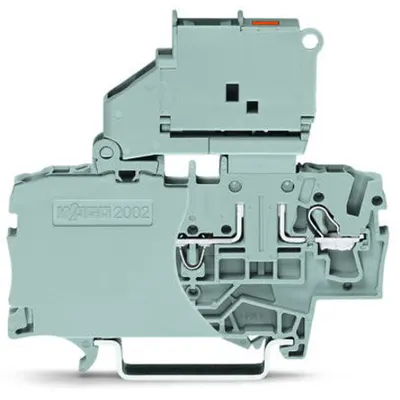 2-conductor fuse terminal block; with pivoting fuse holder; with end plate; for 5 x 20 mm miniature metric fuse; with blown fuse indication by LED; 120 V; for DIN-rail 35 x 15 and 35 x 7.5; 2.5 mm²; Push-in CAGE CLAMP®; 2,50 mm²; gray