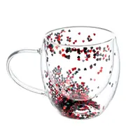 Cană cu inserție de confetti, inimioare roșii și gri, sticlă borosilicată, 250 ml, Aurora Glow