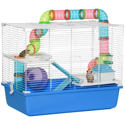 PawHut Cușcă pentru Hamsteri cu 3 Nivele, Tub, Roată de Alergat, Sticlă de Apă și Bol de Mancare, 59x36x47 cm, Albastru | Aosom Romania