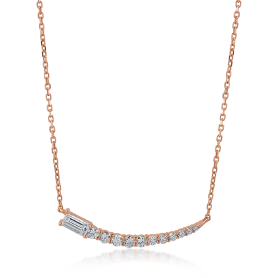 Lant cu pandantiv din aur roz cu diamante baguette si rotunde de 0.51ct