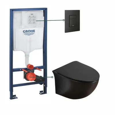 Set vas wc suspendat, rimless negru mat, Foglia Alice si rezervor incastrat Grohe Solido cu clapeta neagra mata Even