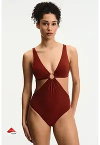 Costum de baie intreg cu detaliu metalic - Maro cognac