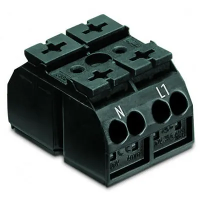 4-conductor chassis-mount terminal strip; 2-pole; N-L1; without ground contact; for 3 mm ø screw and nut; with 2x pin; 4 mm²; 4,00 mm²; black