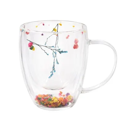 Cană cu inserție de flori uscate multicolor, floarea miresei, pereți dubli, sticlă borosilicată, 350 ml, Aurora Bloom