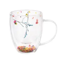 Cană cu inserție de flori uscate multicolor, floarea miresei, pereți dubli, sticlă borosilicată, 350 ml, Aurora Bloom