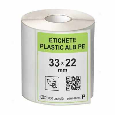 Rola etichete autoadezive plastic, PE alb, 33x22 mm, adeziv permanent, 8000 etichete rola