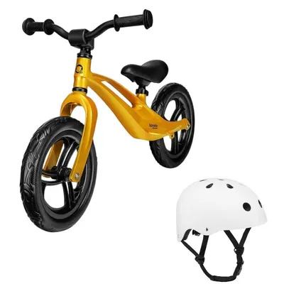 Bicicleta fara pedale, Lionelo, Bart, Usoara, Cu cadru din magneziu, Cu ghidon si sa reglabile, Greutate 3 Kg, 12 inch, Auriu + Casca pentru copii, Reglabila 50-56 cm, Alb